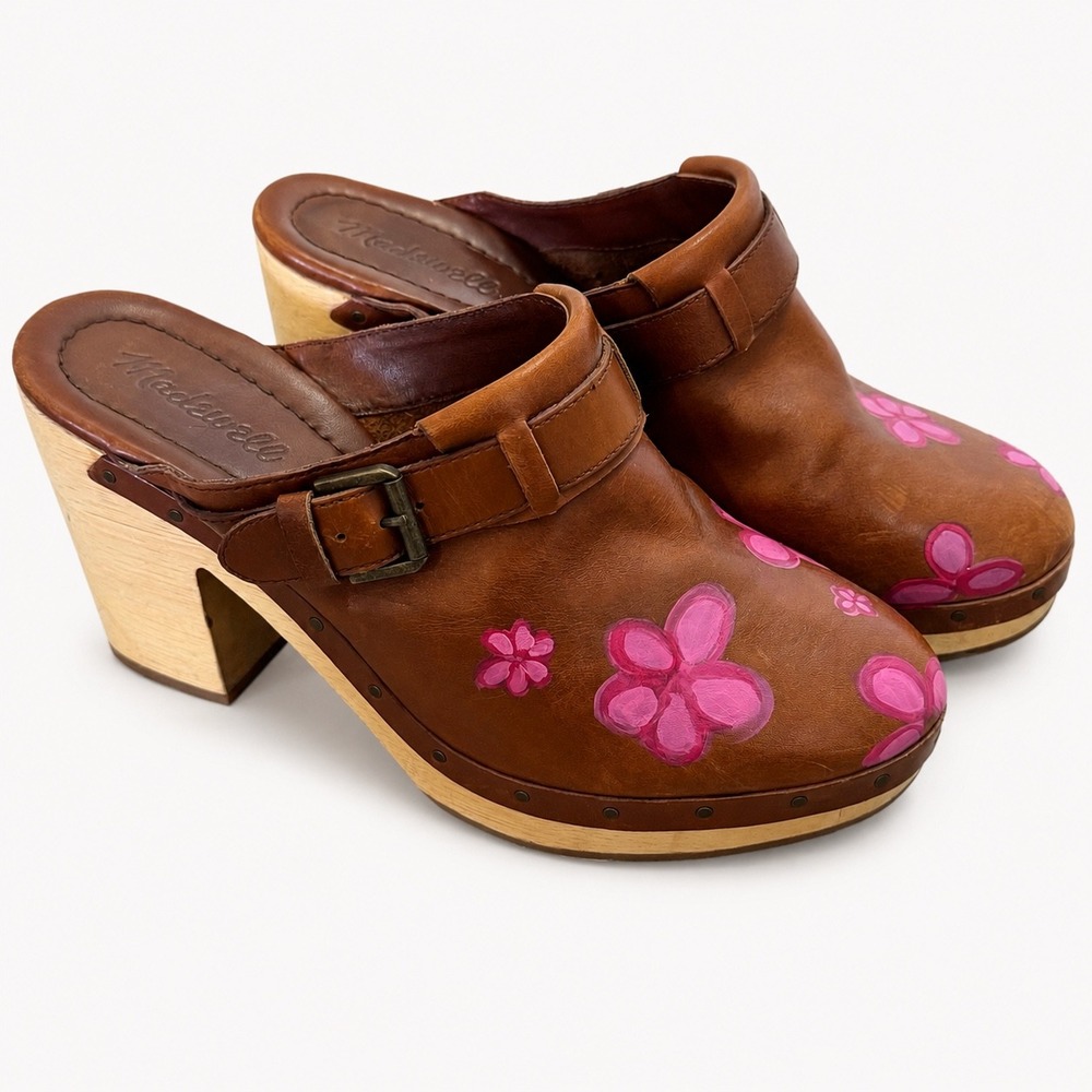 Madewell Leather Floral Clog Mules Women's 9 Brown Pink Wood Heel Y2K Boho